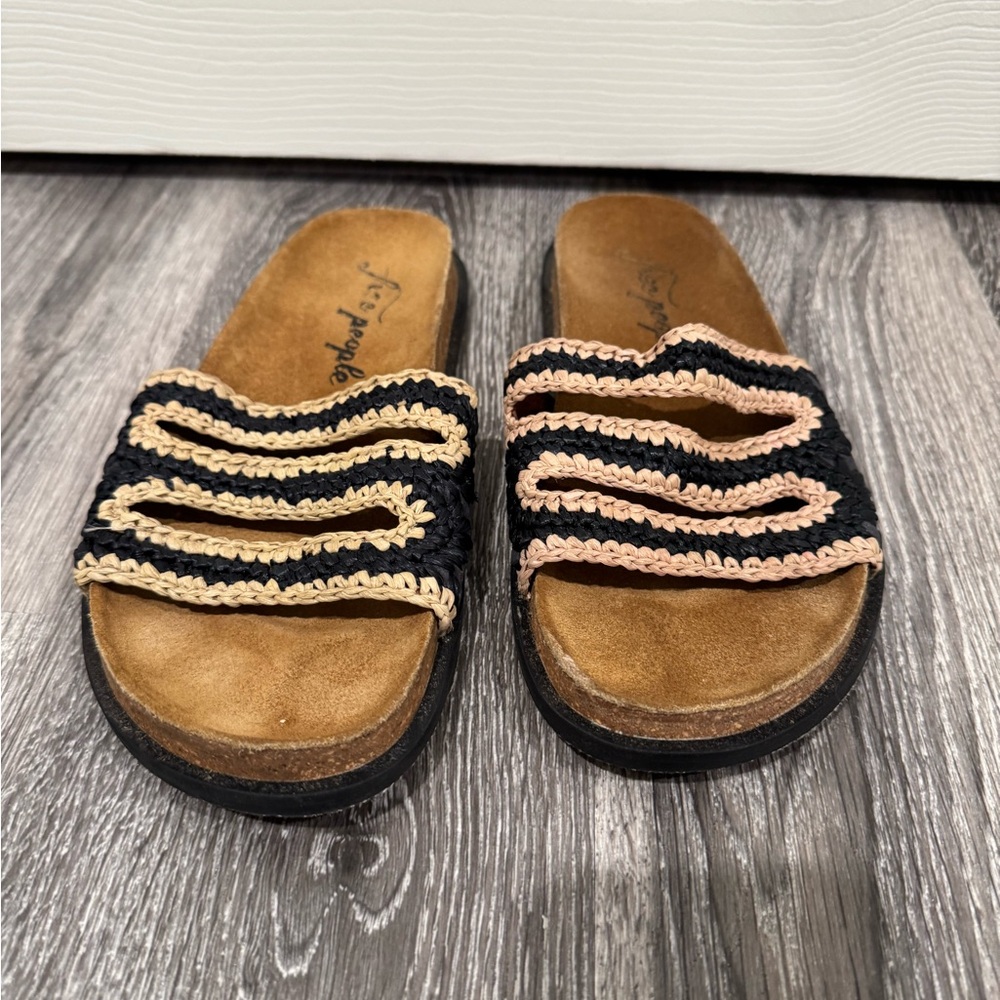 Free People Crete Black and Tan Woven Slide Sandals